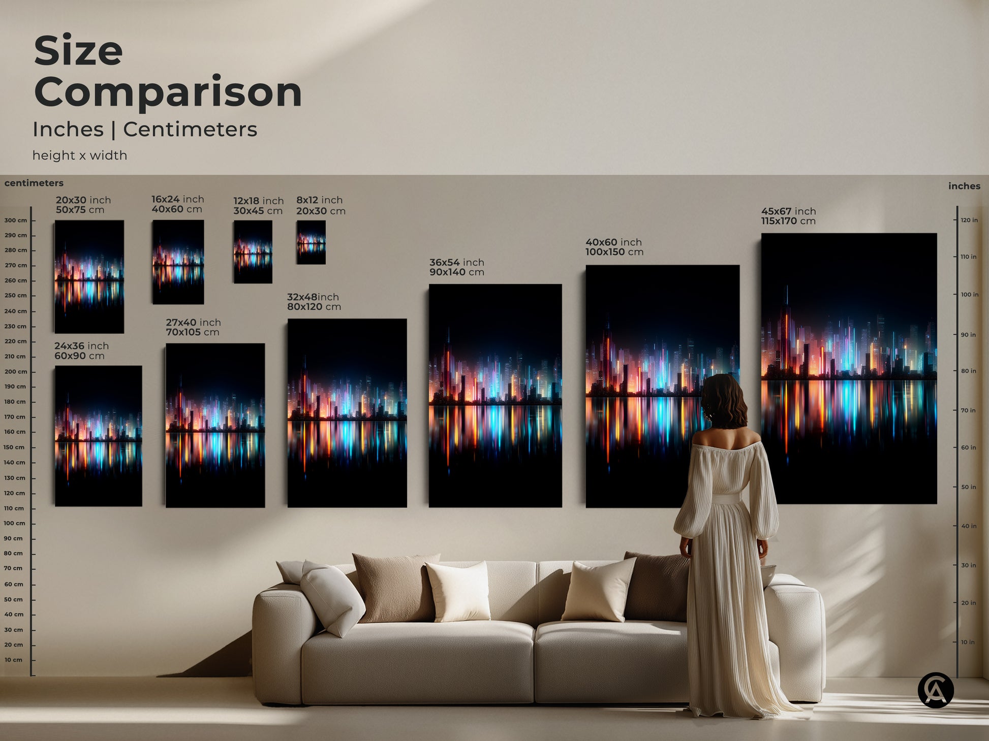 Size comparison of cityscape art prints. See how different sizes look above a sofa. Choose from canvas or poster options. Find the ideal size to enhance your living space with vibrant art.
