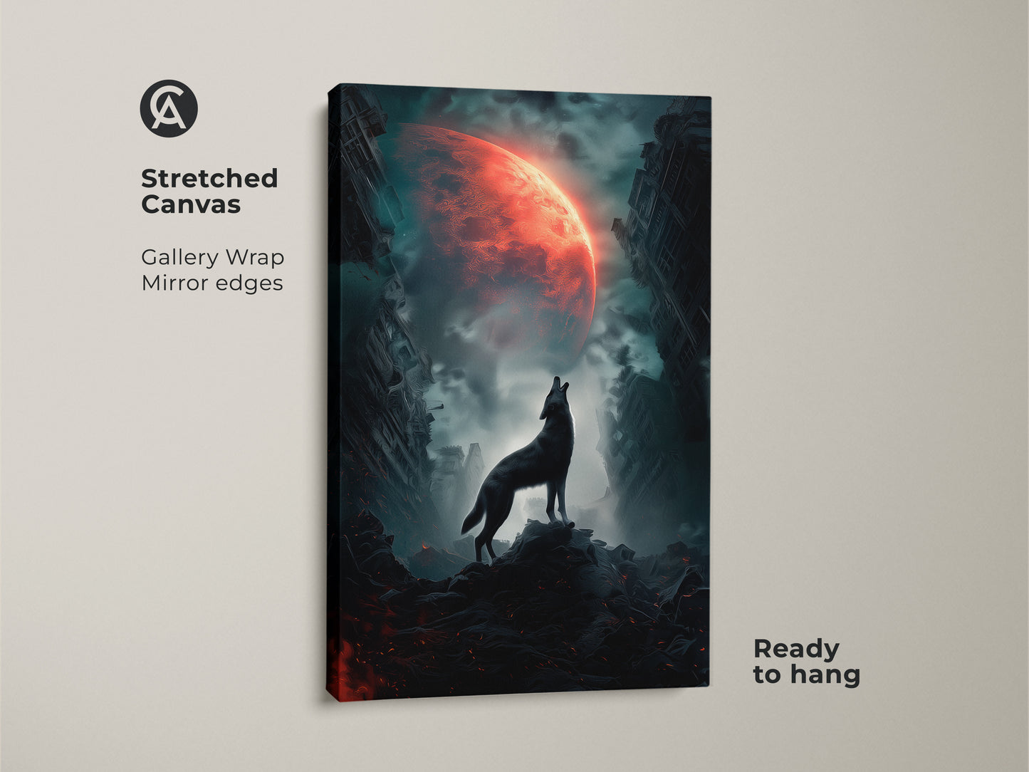 Stretched canvas art of a wolf howling at a crimson moon. Gallery wrap with mirrored edges provides a professional look. Ready to hang for easy installation. Surreal fantasy artwork in a post-apocalyptic setting. Unique sci-fi gift for stargazers.