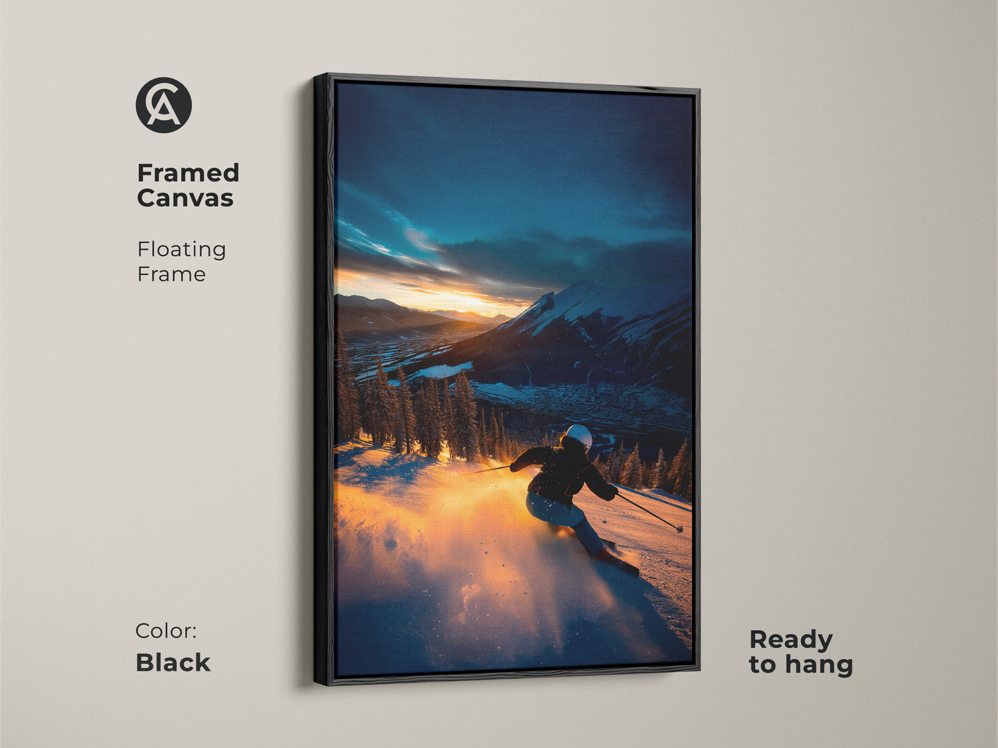 A framed canvas art piece displays a skier against a stunning mountain sunset. The floating black frame adds a sophisticated touch to the artwork. Ready to hang this piece will instantly elevate your home decor. Ideal for art lovers seeking a blend of nature and adventure framed art.