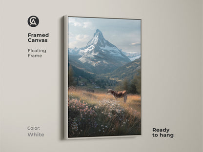 Transform your living space with this framed canvas art featuring the Matterhorn. A white floating frame enhances the serene mountain vista. A charming cow stands in a wildflower meadow. Ready to hang this artwork brings a fresh alpine touch to any room.