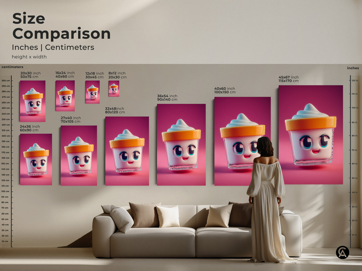 Size comparison of kawaii ice cream art prints. See canvas and poster sizes in inches and centimeters. Visualize how the art fits above furniture. Perfect for adding cheerful home decor with this unique food print.
