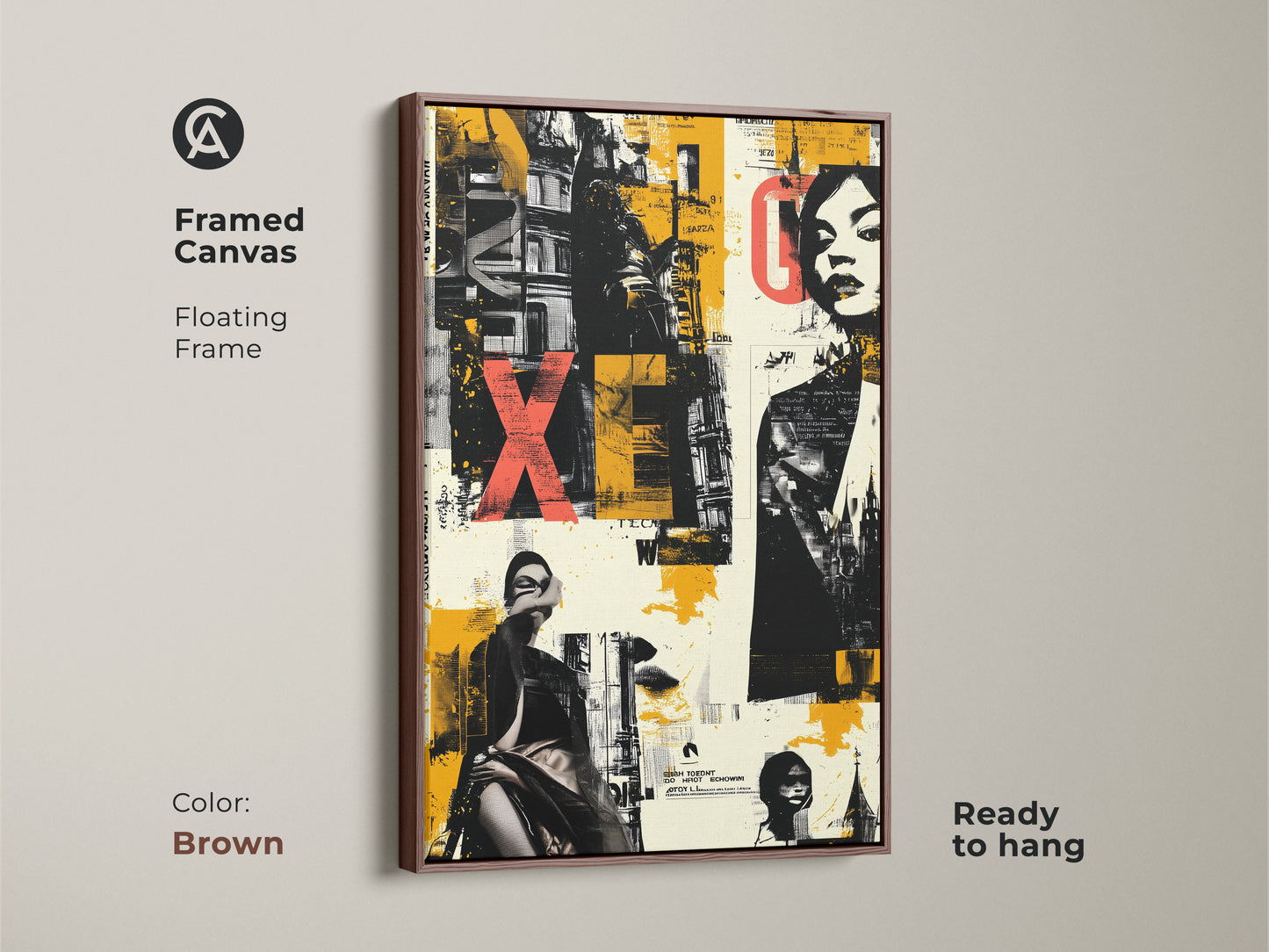 Framed Canvas of Graffiti Woman Face. Floating frame in brown complements the urban collage. Yellow black eclectic art adds warmth to your office. Ready to hang it's perfect for home decor.