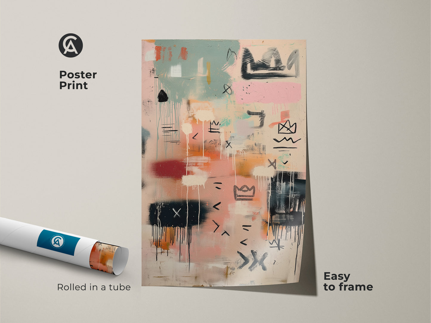 Poster print of abstract art rolled in a tube. The artwork features a modern design with pastel colors. It's easy to frame this museum-quality paper print. Add a touch of contemporary style to your home decor.