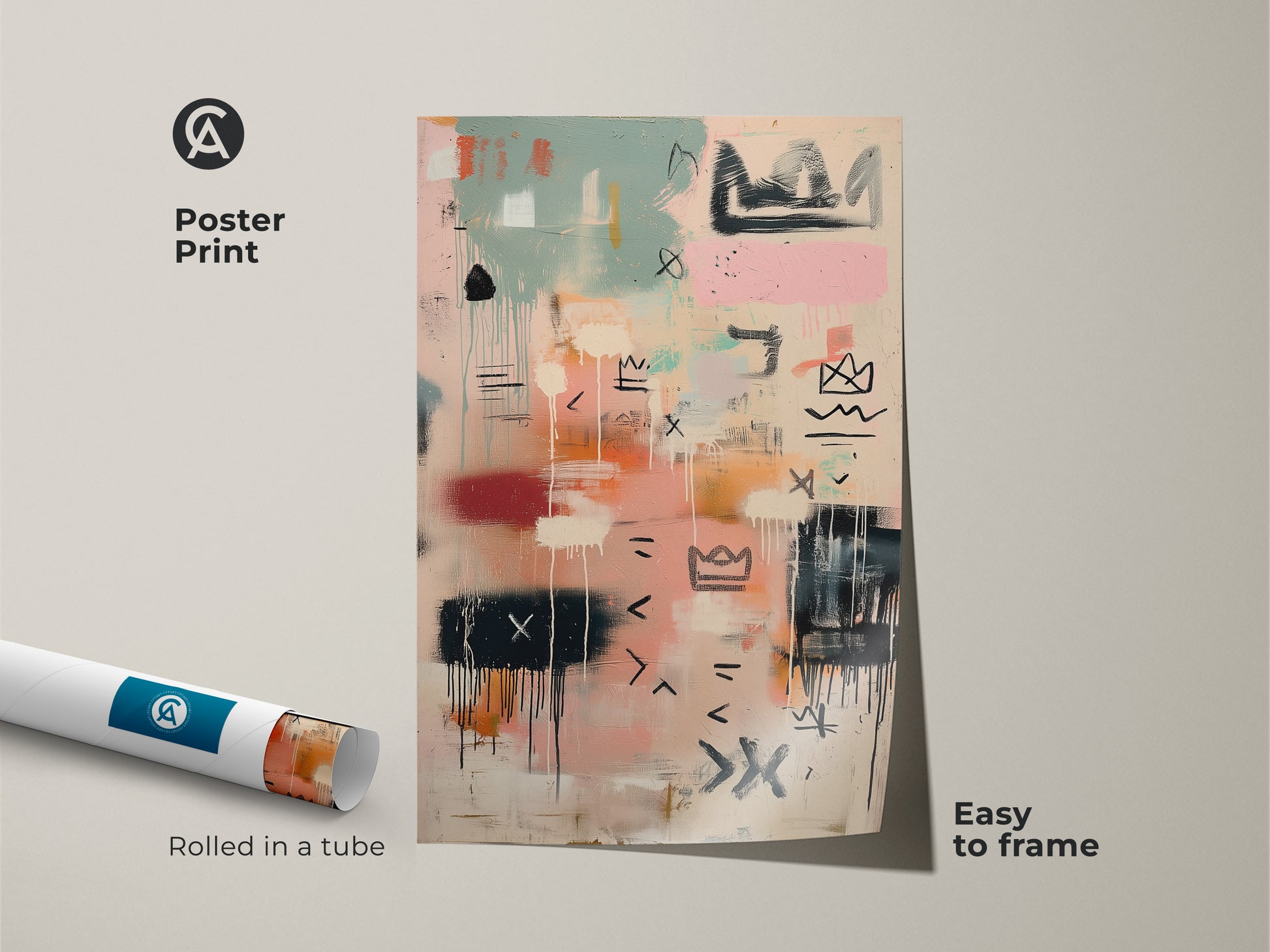 Poster print of abstract art rolled in a tube. The artwork features a modern design with pastel colors. It's easy to frame this museum-quality paper print. Add a touch of contemporary style to your home decor.