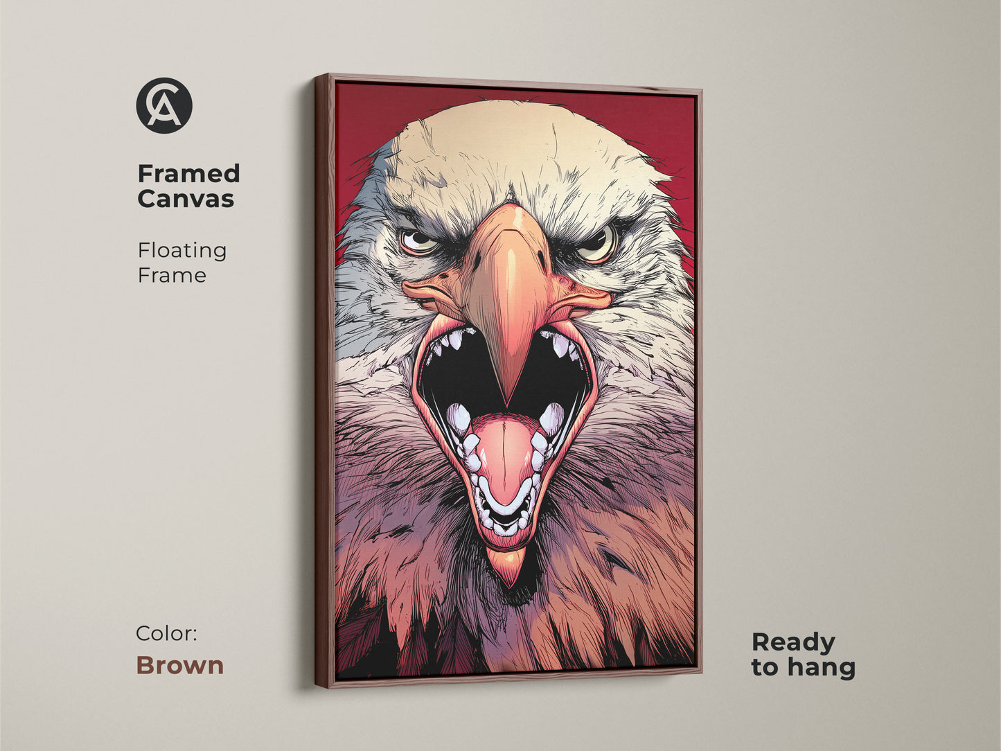 This framed canvas features a fiercely detailed eagle in a dynamic comic art style. The brown floating frame modern artwork is perfect for adding a touch of primal energy to your space. Ideal as a gift. Ready to hang.