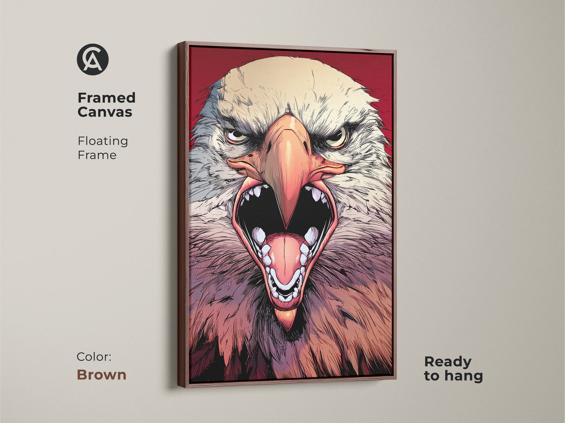 This framed canvas features a fiercely detailed eagle in a dynamic comic art style. The brown floating frame modern artwork is perfect for adding a touch of primal energy to your space. Ideal as a gift. Ready to hang.