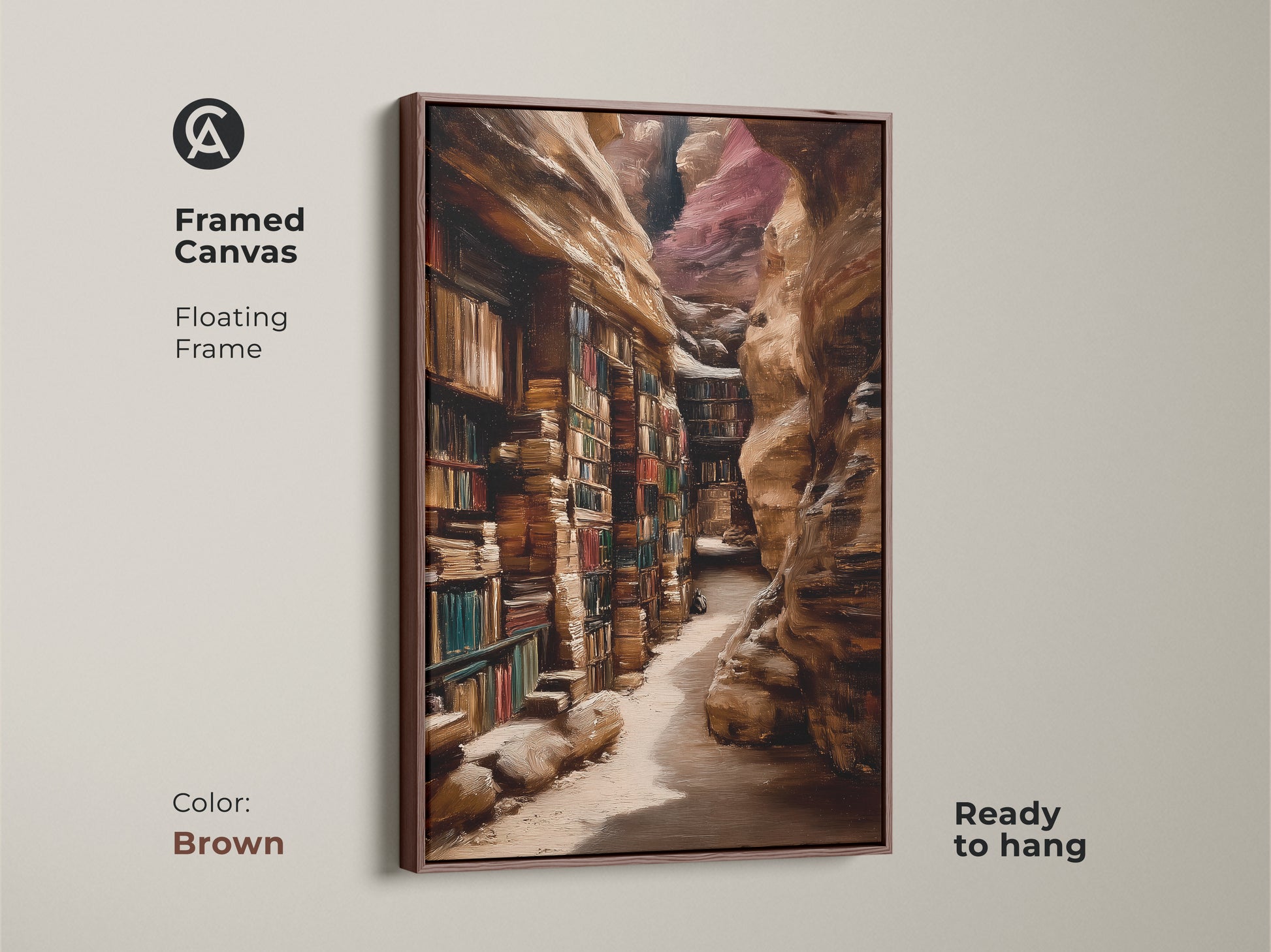 This framed canvas features a canyon library art print. Its brown floating frame complements the oil painting style. A traditional study decor and a thoughtful gift for book lovers. This artwork showcases realistic architecture for a home office wall. A tan and brown canvas adds warmth.