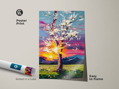 This vibrant sunset landscape print is available as a poster print. The nature-inspired artwork is rolled in a tube for easy framing. Add a pop of color to your eclectic home art collection with this colorful sky canvas.