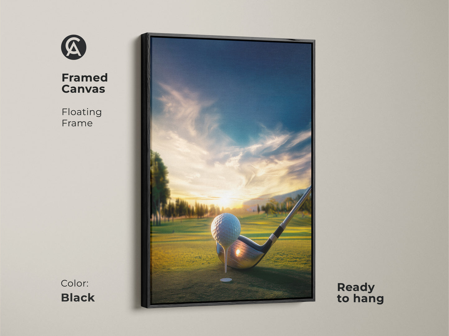 Black framed canvas golf course artwork. Golf ball and club are ready for action on the green. The floating frame adds depth. This canvas art comes ready to hang adding a touch of sport to any room.