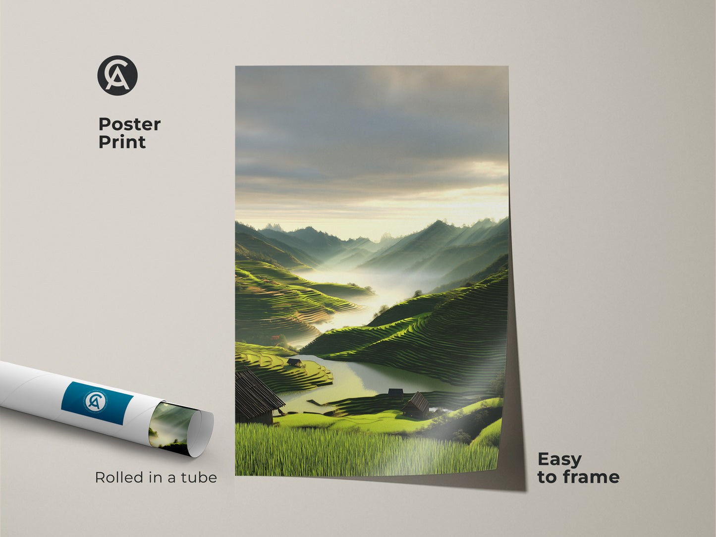 Poster print of a misty mountain landscape art. This scenic nature artwork captures emerald green terraced fields. An art print for nature lovers. The contemporary scenic wall art is easy to frame. It is perfect for travel themed home decor.
