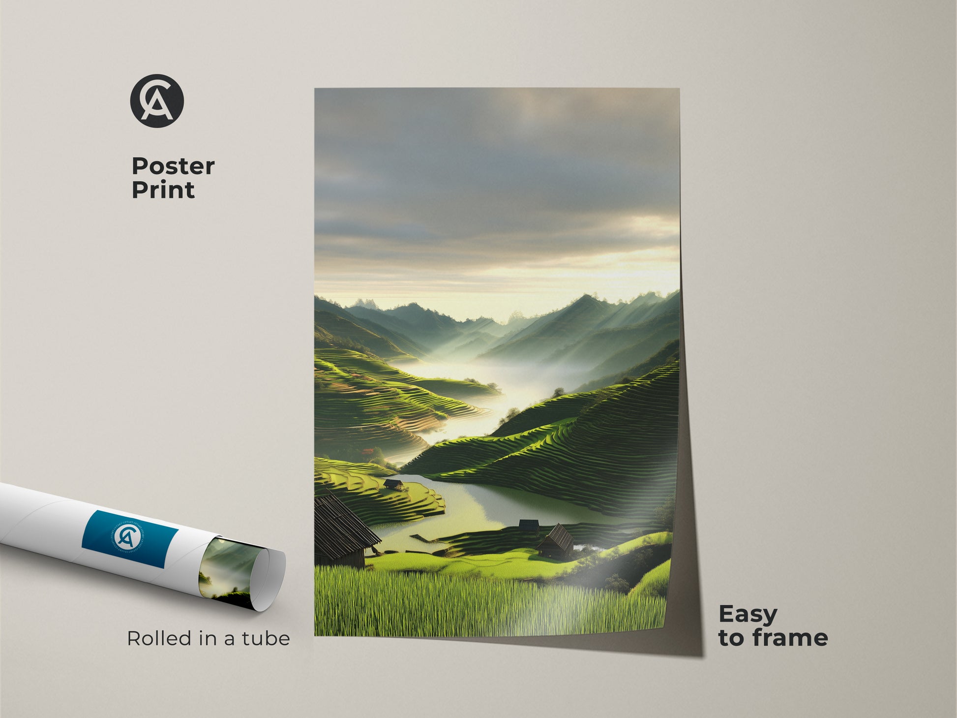 Poster print of a misty mountain landscape art. This scenic nature artwork captures emerald green terraced fields. An art print for nature lovers. The contemporary scenic wall art is easy to frame. It is perfect for travel themed home decor.