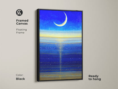 Framed canvas with a floating frame. The celestial art is ready to hang. This blue and gold abstract decor is a great piece for a living room.