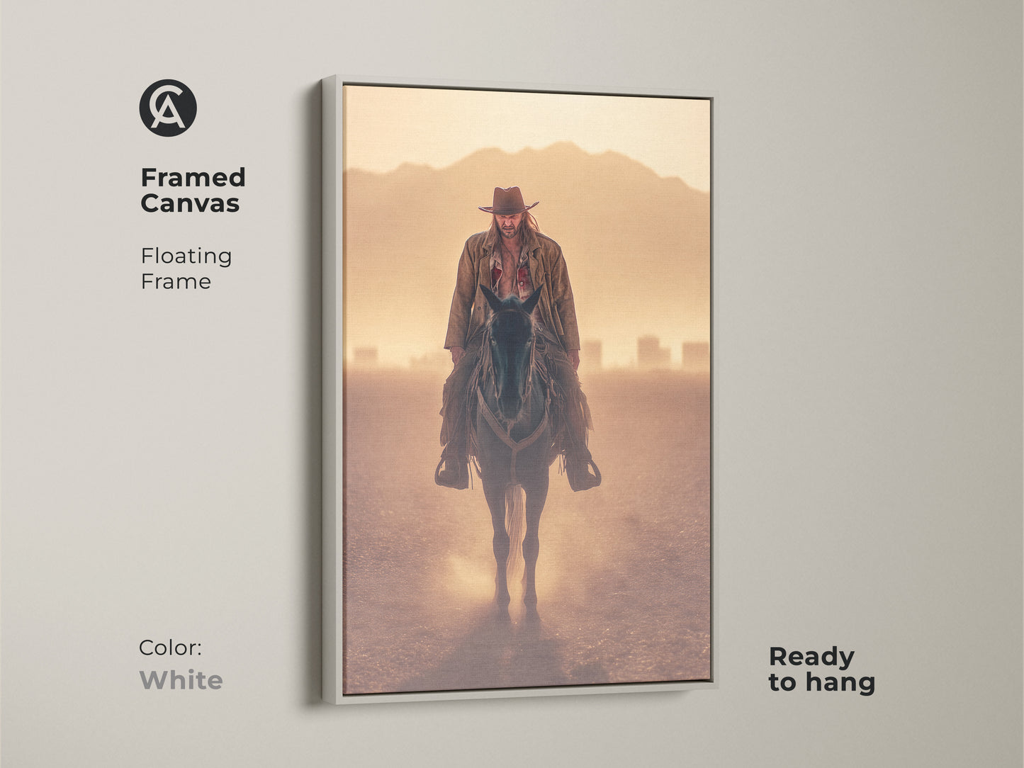 Framed canvas print of a cowboy on horseback with a white floating frame. Ready to hang. This rustic western wall art is perfect for a study room. The goldenrod orange tan landscape brings the Wild West to your home. Great for cowboy and western enthusiasts.
