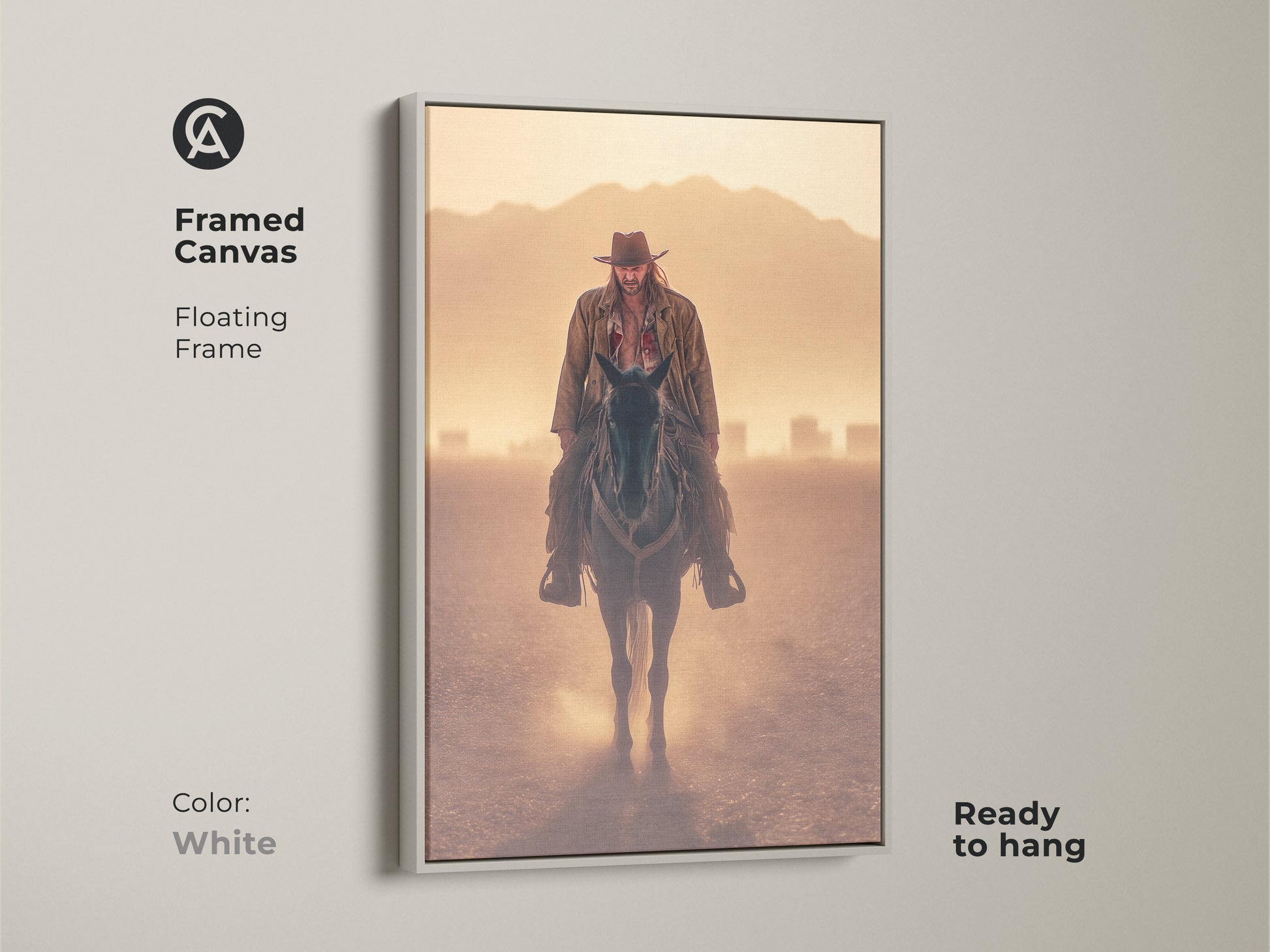 Framed canvas print of a cowboy on horseback with a white floating frame. Ready to hang. This rustic western wall art is perfect for a study room. The goldenrod orange tan landscape brings the Wild West to your home. Great for cowboy and western enthusiasts.