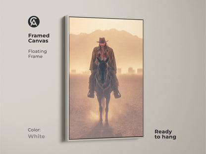 Framed canvas print of a cowboy on horseback with a white floating frame. Ready to hang. This rustic western wall art is perfect for a study room. The goldenrod orange tan landscape brings the Wild West to your home. Great for cowboy and western enthusiasts.