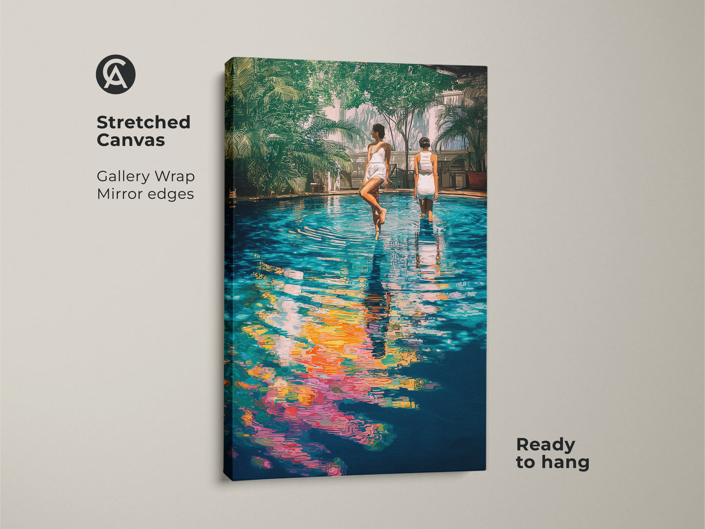 This stretched canvas features poolside women in teal yellow and blue tones. The artwork uses a gallery wrap with mirror edges and is ready to hang. A modern poolside artwork for beach lovers.