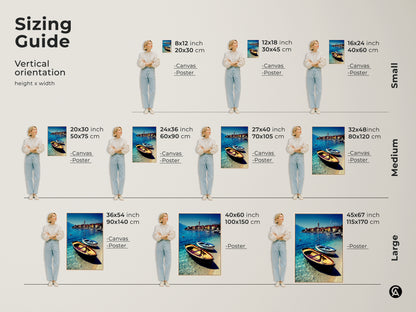 Sizing guide for European coastal town art prints in vertical orientation. See how canvas and poster prints fit in small medium and large sizes. Visualize the perfect scale for your space with realistic seascape wall art. Enhance your decor with blue water landscape artwork.
