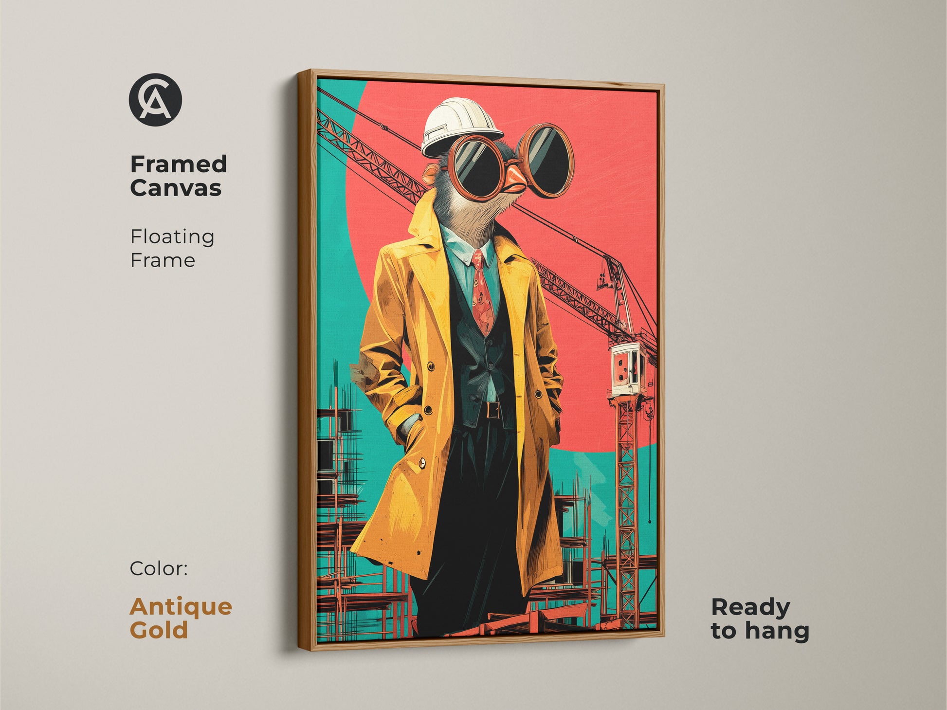 Framed canvas of a surrealist bird architect print is ready to hang. The pop art construction wall art has an antique gold floating frame. This colorful office artwork is surreal building art.