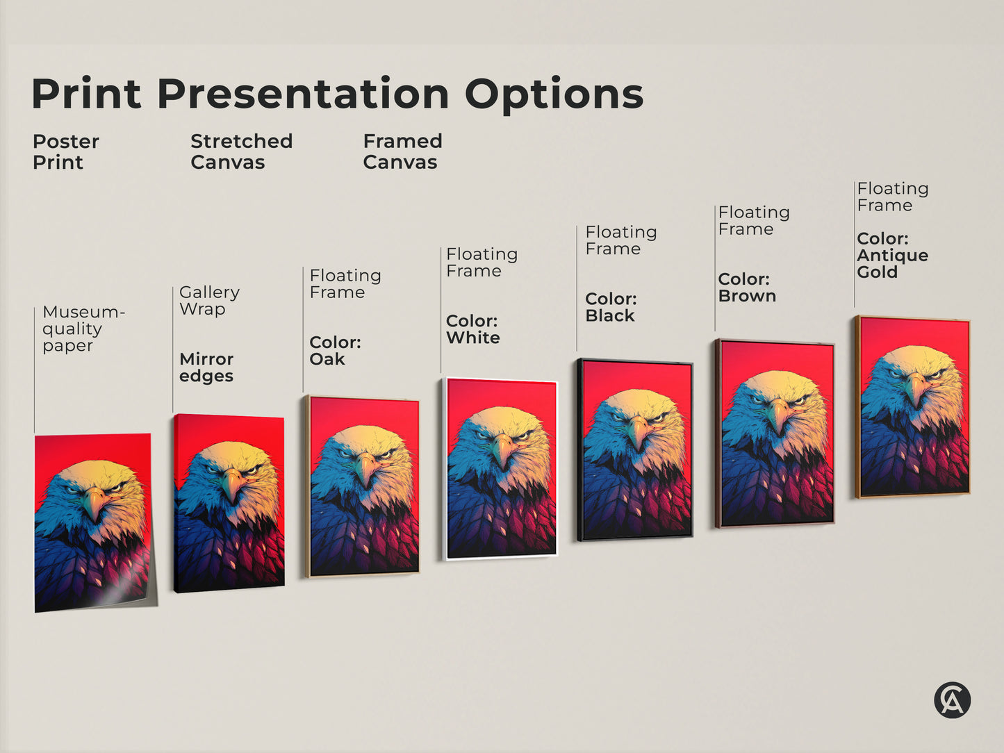 Explore Patriotic Eagle Wall Art presentation options. Choose from poster prints to stretched and framed canvases. Each style showcases a Bald Eagle close-up. It has a vibrant red background with yellow blue and red accents. Find the perfect American eagle wall art to match your decor. Elevate your space with bold illustration art. It is ideal for contemporary graphic styles.