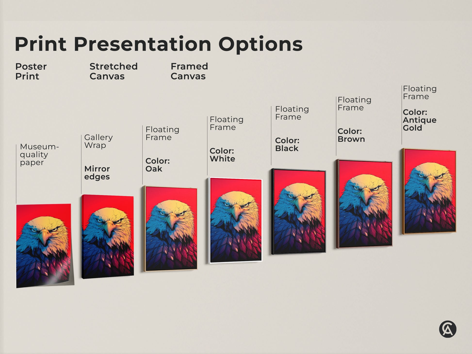Explore Patriotic Eagle Wall Art presentation options. Choose from poster prints to stretched and framed canvases. Each style showcases a Bald Eagle close-up. It has a vibrant red background with yellow blue and red accents. Find the perfect American eagle wall art to match your decor. Elevate your space with bold illustration art. It is ideal for contemporary graphic styles.