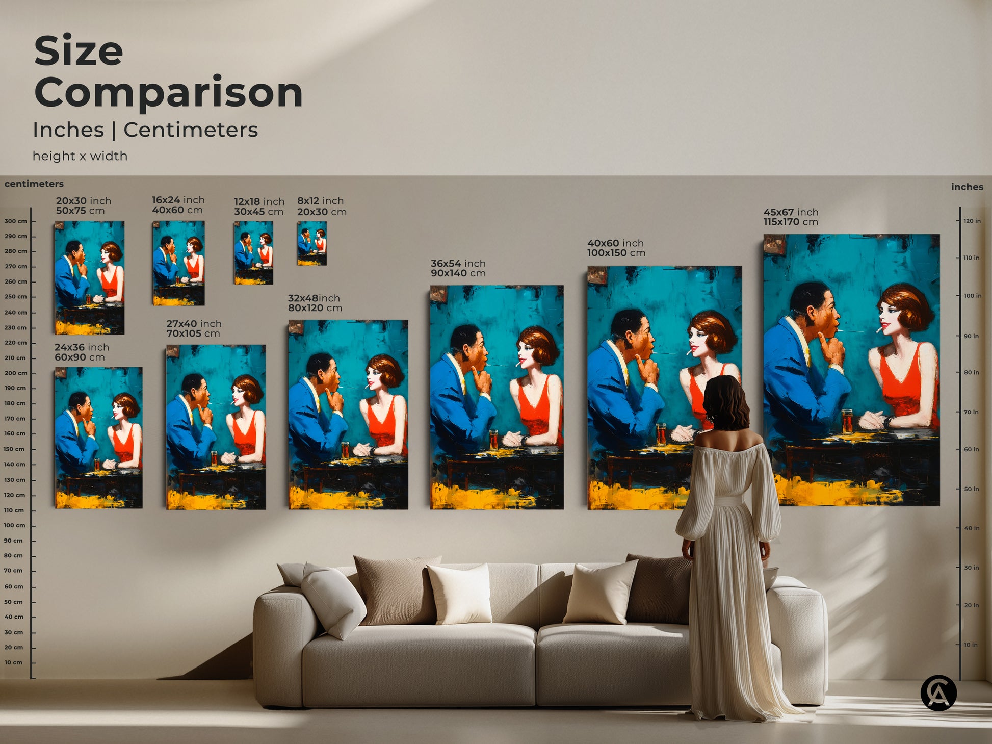 Compare sizes and find the perfect fit for your space. This artwork features a stylish man and woman. They are sharing a cigarette. See how different sizes look in a living room setting. Choose from various dimensions to suit your needs. Shop now for unique art prints and transform your home.