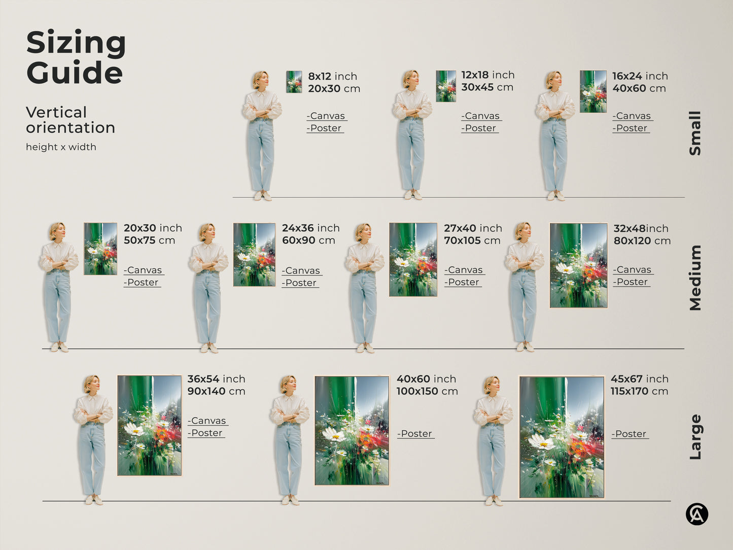 Sizing guide showcasing vertical orientation options for this botanical wall art. Available in small medium and large sizes. Choose the perfect canvas or poster print. It will complement your space and art installation.