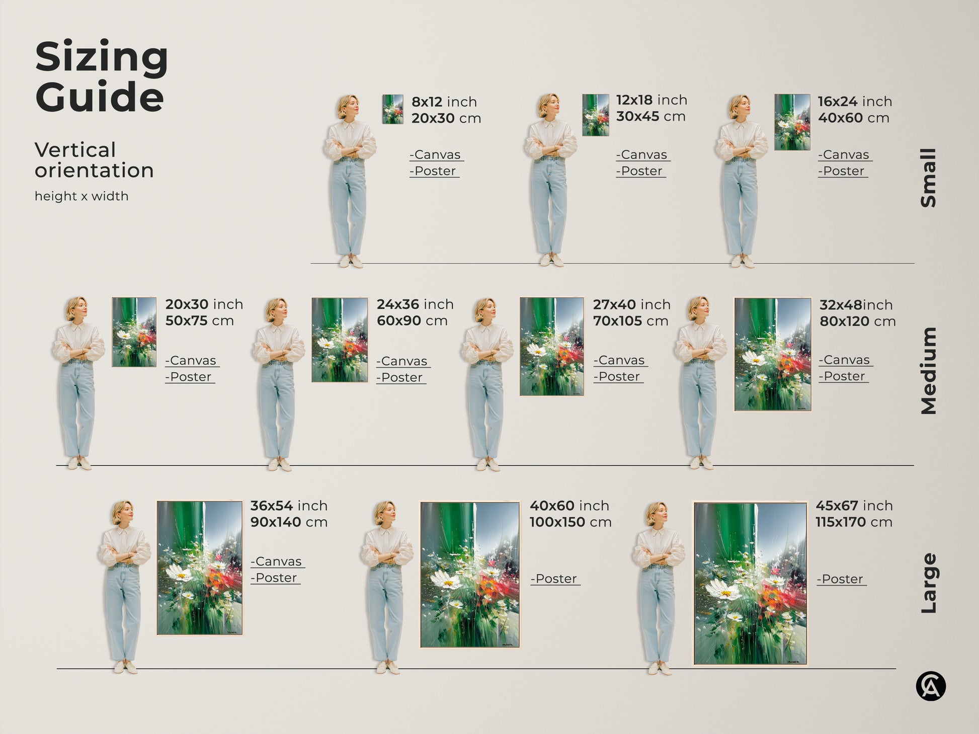 Sizing guide showcasing vertical orientation options for this botanical wall art. Available in small medium and large sizes. Choose the perfect canvas or poster print. It will complement your space and art installation.