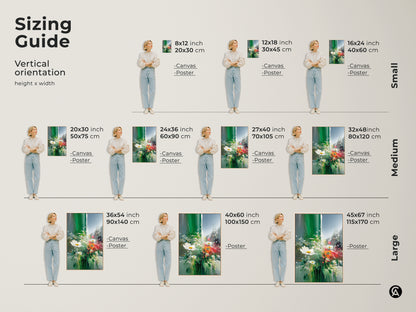 Sizing guide showcasing vertical orientation options for this botanical wall art. Available in small medium and large sizes. Choose the perfect canvas or poster print. It will complement your space and art installation.