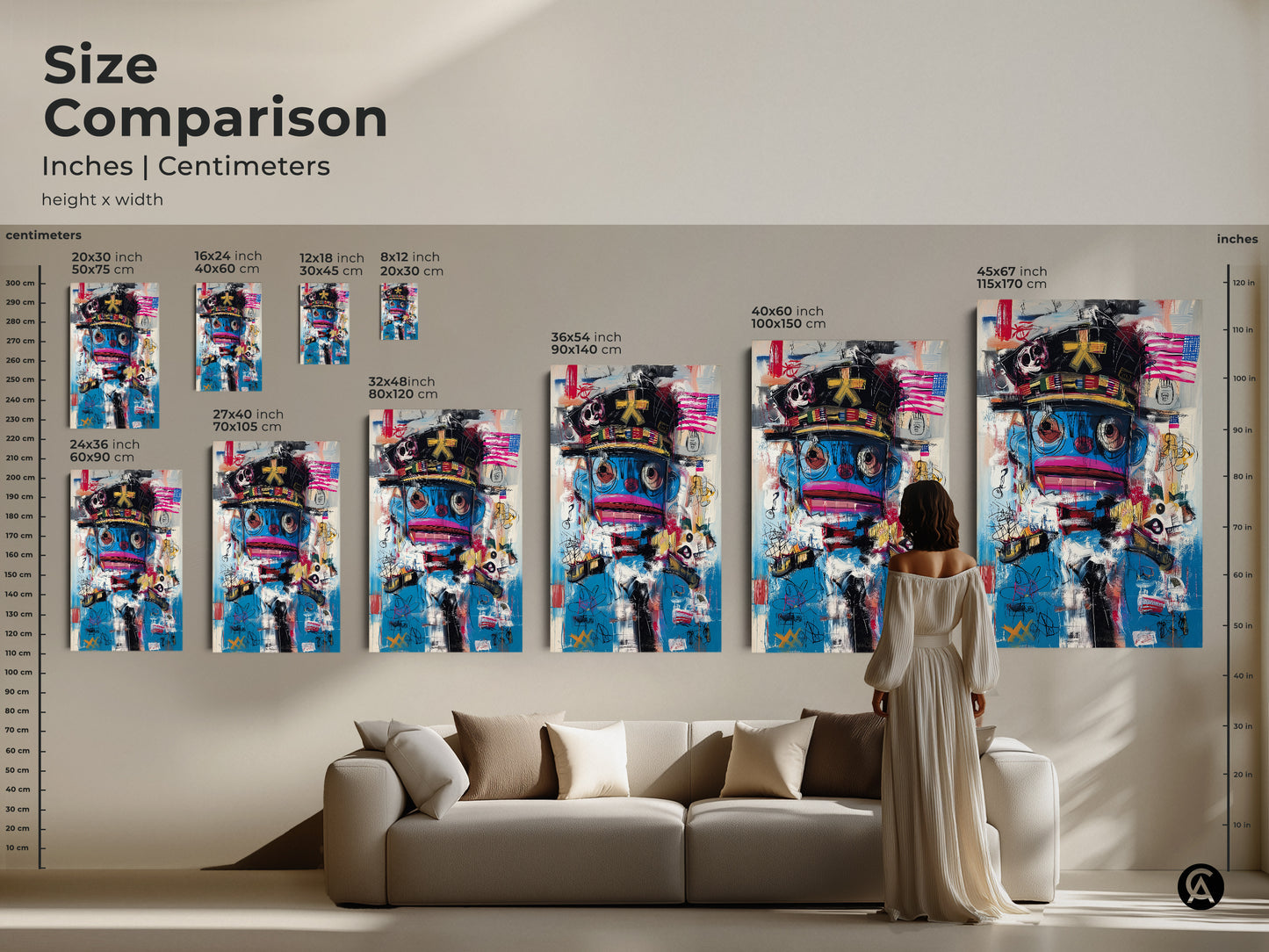 Size comparison of graffiti character art prints and canvas options. Visualize the impact of this abstract pop culture piece in various sizes. Ranging from small to large. This eclectic blue and red artwork adds a modern touch. Transform your space with urban wall decor.