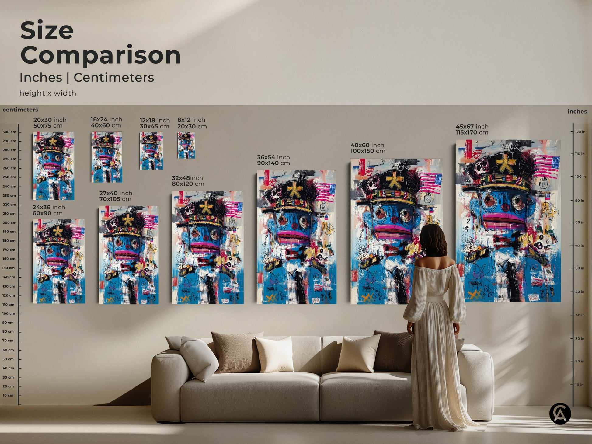Size comparison of graffiti character art prints and canvas options. Visualize the impact of this abstract pop culture piece in various sizes. Ranging from small to large. This eclectic blue and red artwork adds a modern touch. Transform your space with urban wall decor.