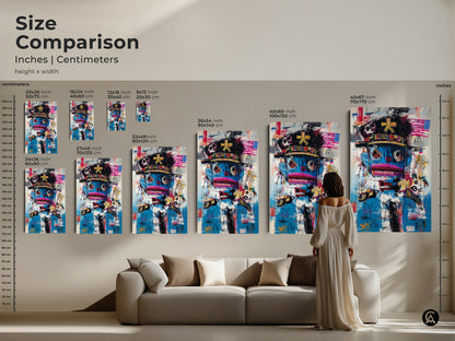 Size comparison of graffiti character art prints and canvas options. Visualize the impact of this abstract pop culture piece in various sizes. Ranging from small to large. This eclectic blue and red artwork adds a modern touch. Transform your space with urban wall decor.