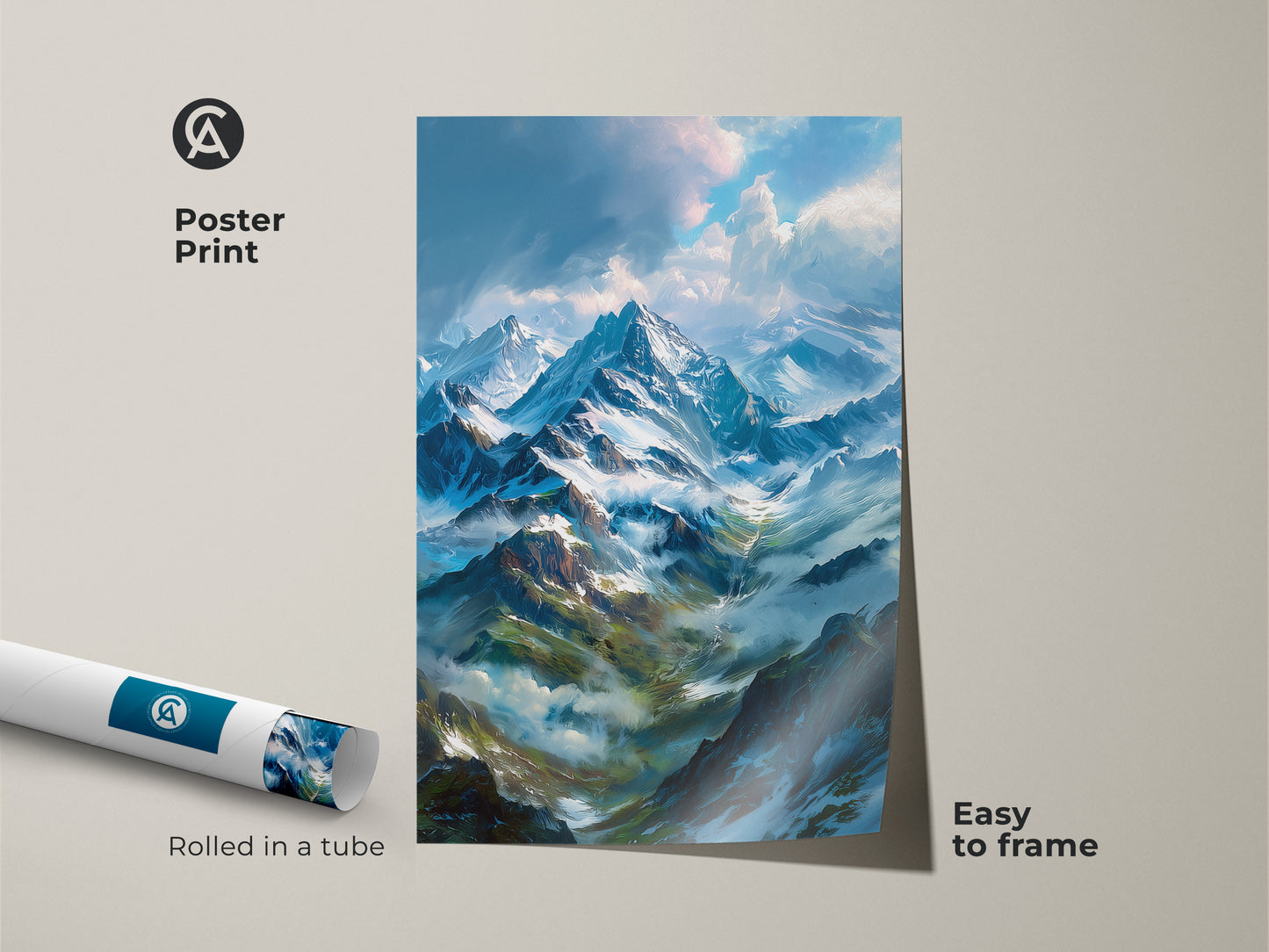 Poster print of a majestic snow-capped mountain landscape artwork. This museum-quality paper print is easy to frame. Rolled in a tube for protection this poster is perfect for any art lover.