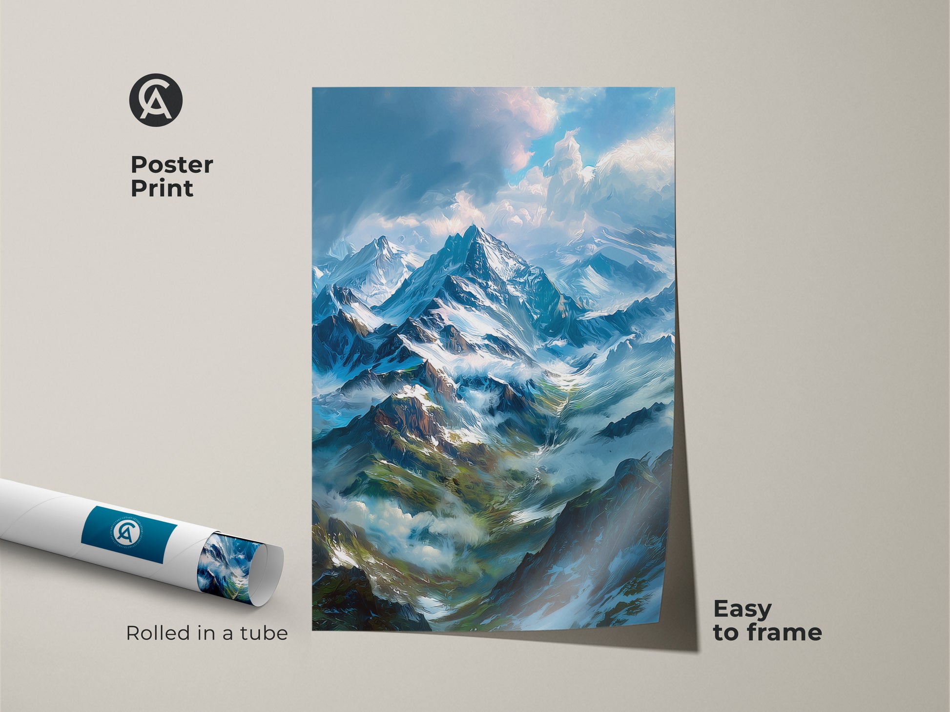 Poster print of a majestic snow-capped mountain landscape artwork. This museum-quality paper print is easy to frame. Rolled in a tube for protection this poster is perfect for any art lover.