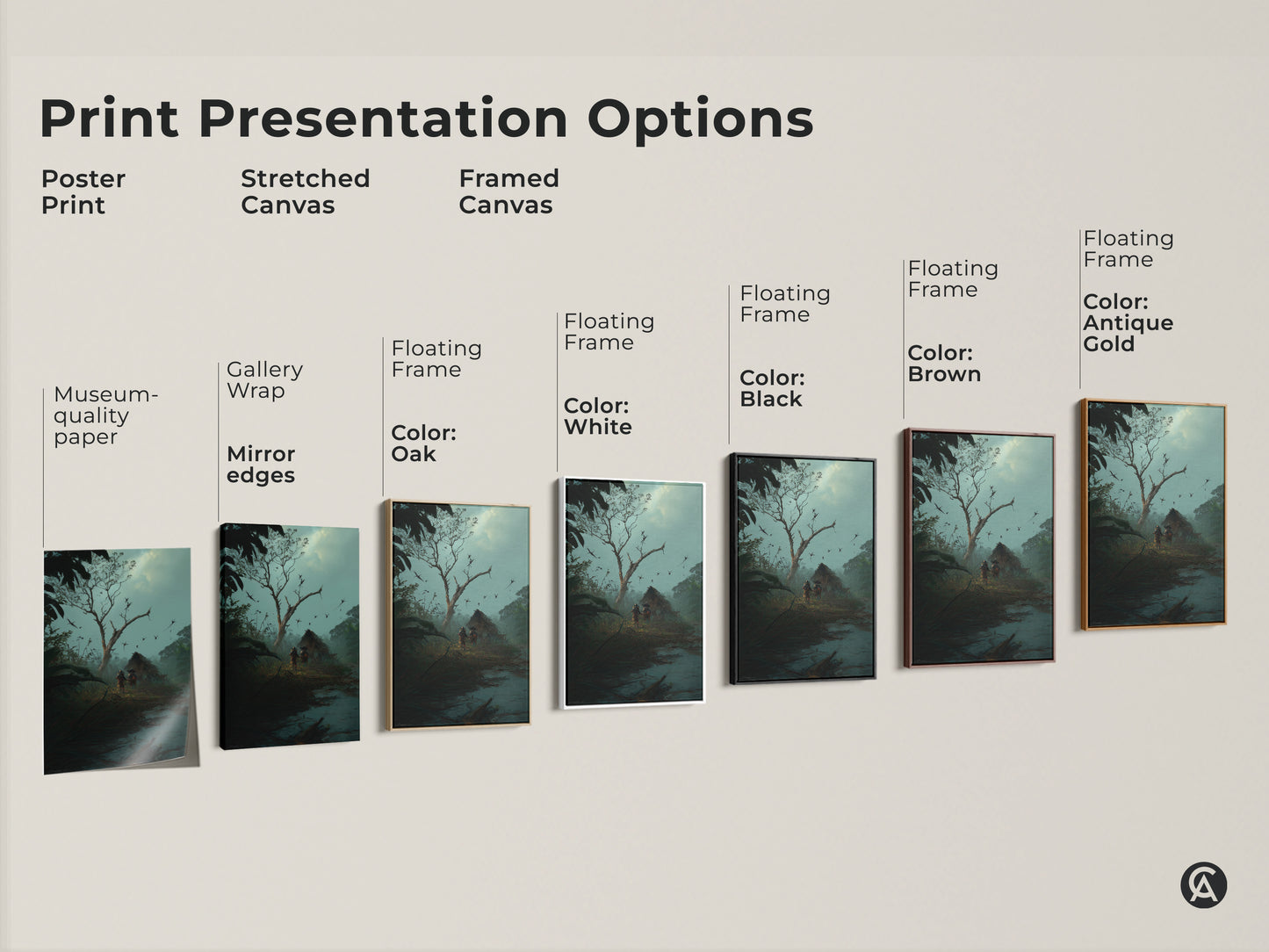 Explore print presentation options for this dark fantasy artwork. Choose from poster print stretched canvas or framed canvas. Select a floating frame in white black brown oak or antique gold. Each option enhances the misty blue teal adventure wall art.