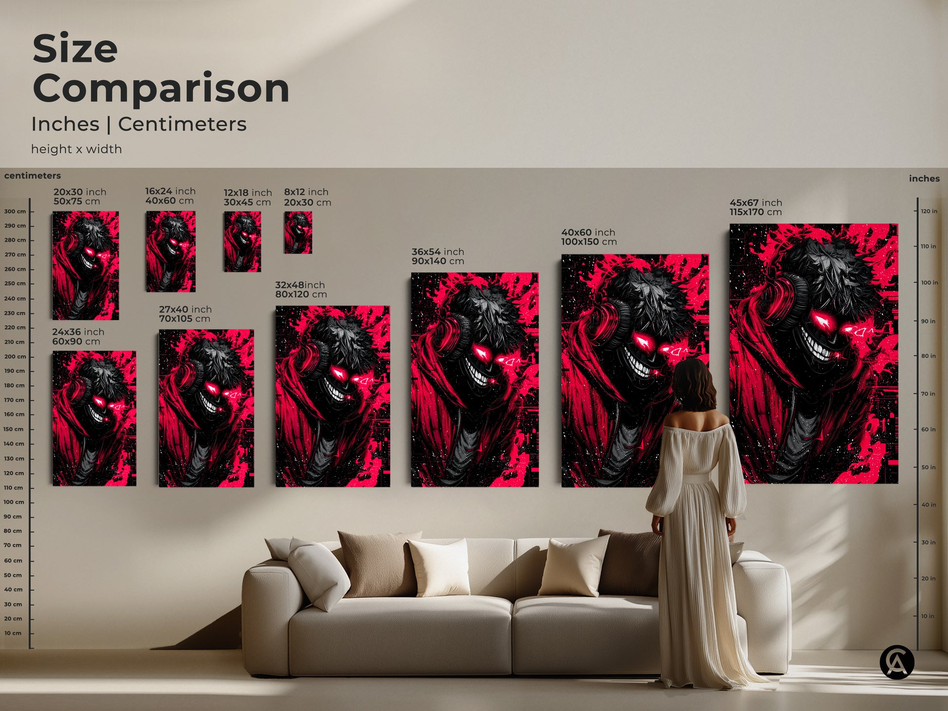 Size comparison for our demon artwork prints. See the sizes in inches and centimeters. Our canvas and poster prints range from small to large. Find the perfect size for your space.
