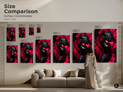Size comparison for our demon artwork prints. See the sizes in inches and centimeters. Our canvas and poster prints range from small to large. Find the perfect size for your space.