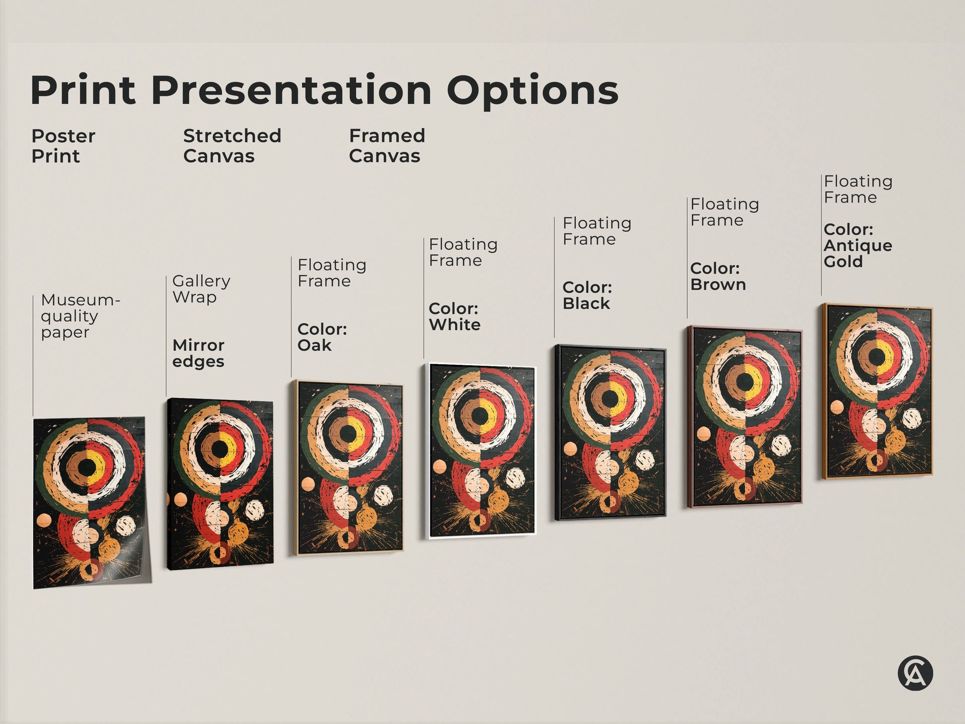 Explore print presentation options for the Retro Abstract Geometric wall art. Choose from poster prints or stretched canvas. Floating frames are available in oak white black brown and antique gold. This retro red black and white circles explosion art suits any eclectic space.