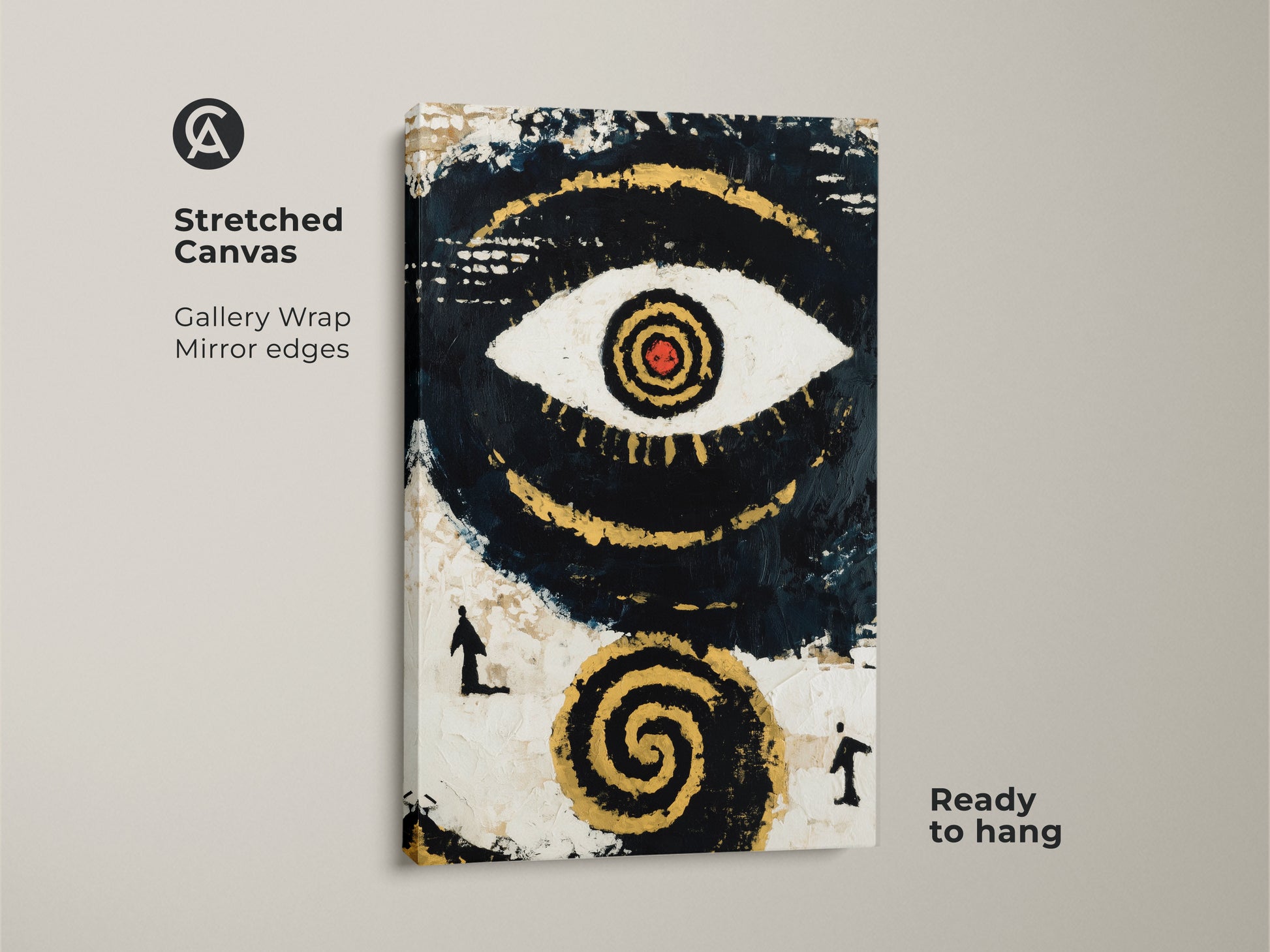 Stretched Canvas featuring Navy Black Gold Abstract Eye Symbolism. This spiritual artwork has gallery wrapped mirrored edges. The canvas is ready to hang adding eclectic home decor. It makes a thoughtful gift for a spiritual friend bringing mysticism to any room.