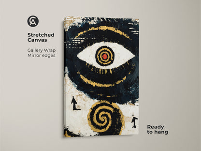 Stretched Canvas featuring Navy Black Gold Abstract Eye Symbolism. This spiritual artwork has gallery wrapped mirrored edges. The canvas is ready to hang adding eclectic home decor. It makes a thoughtful gift for a spiritual friend bringing mysticism to any room.