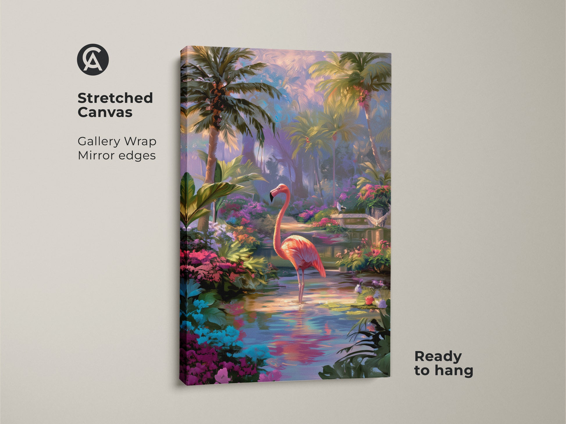 Stretched canvas of tropical paradise art. This gallery-wrapped canvas features mirror edges. It's ready to hang. This flamingo wall art is perfect for boho bedroom decor. The pink bird painting adds vibrant color.