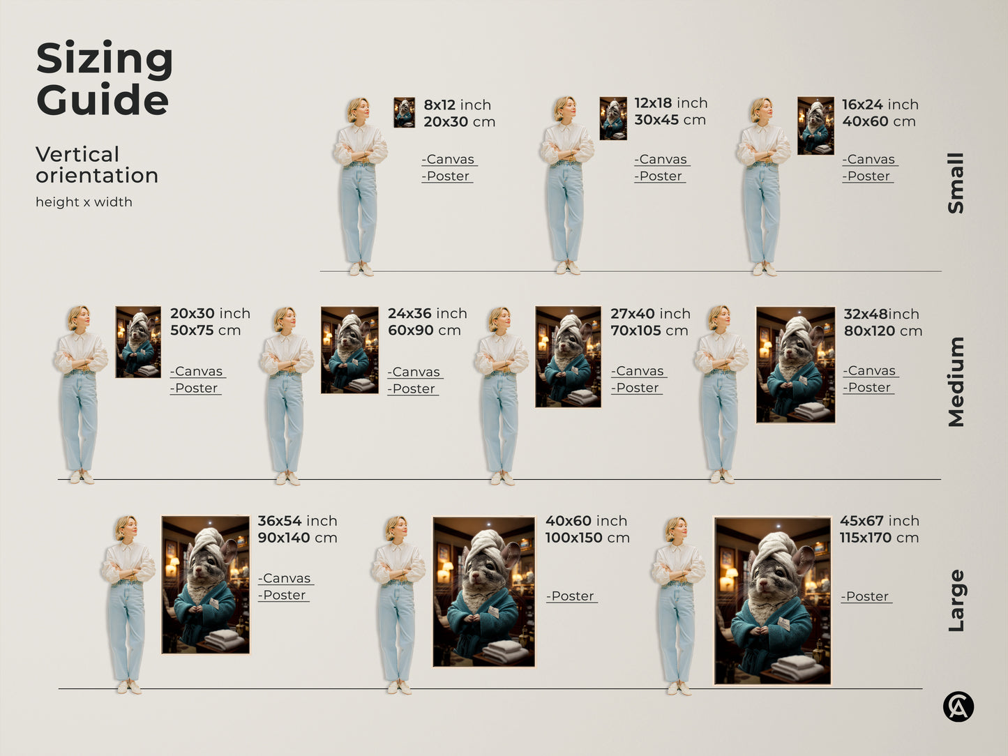 Sizing guide for vertical chinchilla spa day art prints. Find the perfect size for your space. Options include canvas and poster prints. Small medium and large sizes are available. This funny animal artwork fits any eclectic home decor. Perfect for pet lovers and spa-themed bathrooms. Make a statement with this quirky art.