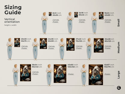 Sizing guide for vertical chinchilla spa day art prints. Find the perfect size for your space. Options include canvas and poster prints. Small medium and large sizes are available. This funny animal artwork fits any eclectic home decor. Perfect for pet lovers and spa-themed bathrooms. Make a statement with this quirky art.