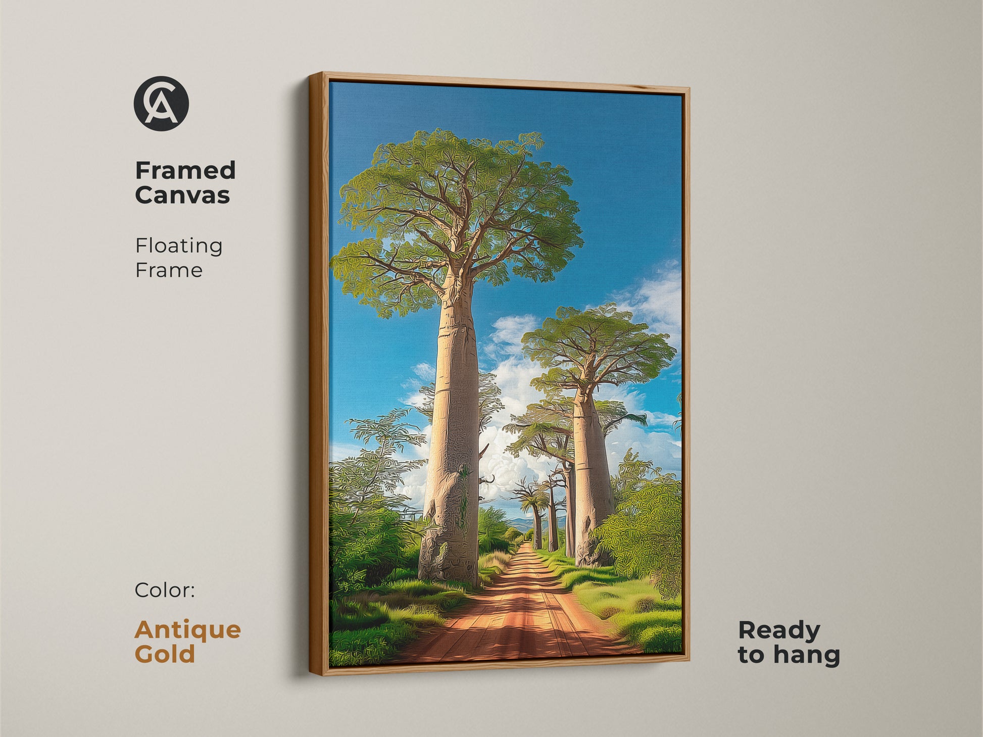 Framed canvas of a boho Baobab tree African landscape with an antique gold floating frame. This nature artwork features a dirt road leading to Baobab trees under a blue sky. It is ready to hang and a scenic road canvas.