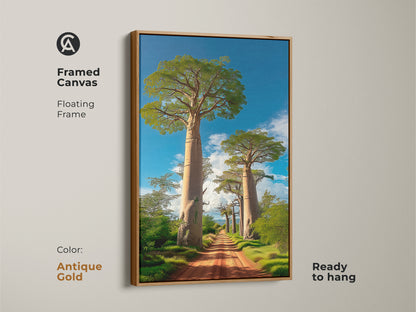 Framed canvas of a boho Baobab tree African landscape with an antique gold floating frame. This nature artwork features a dirt road leading to Baobab trees under a blue sky. It is ready to hang and a scenic road canvas.