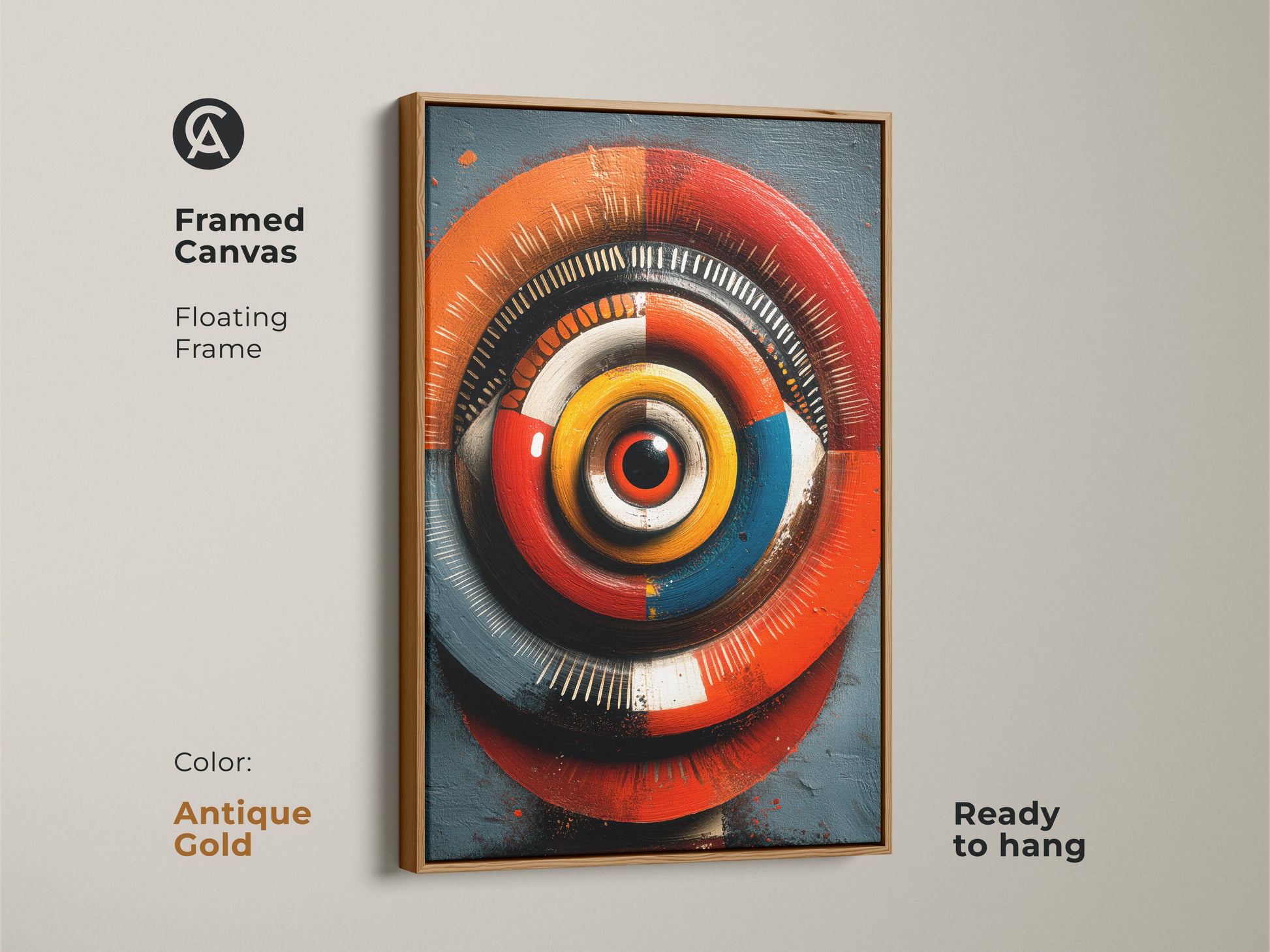 Framed abstract eye canvas with a white floating frame. The red orange blue artwork features a psychedelic optical illusion. This modern piece brings a unique touch to any wall. Perfect for eclectic home decor or modern office art. This vibrant home decor is ready to hang and adds a bohemian touch to your living space.