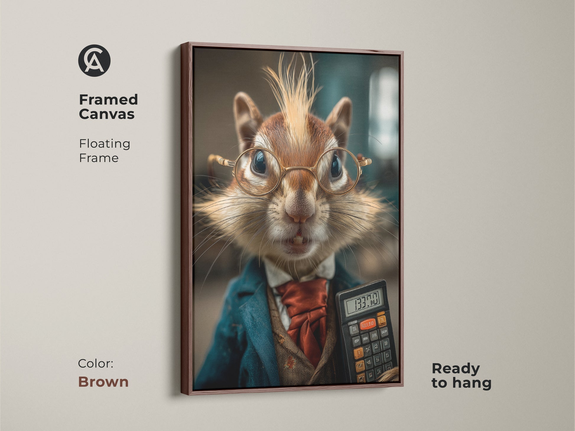 Anthropomorphic chipmunk art in a brown floating frame canvas. Ready to hang and perfect for office wall art. Gift idea for Boss Day or Accountant. Shop now for this unique animal print.