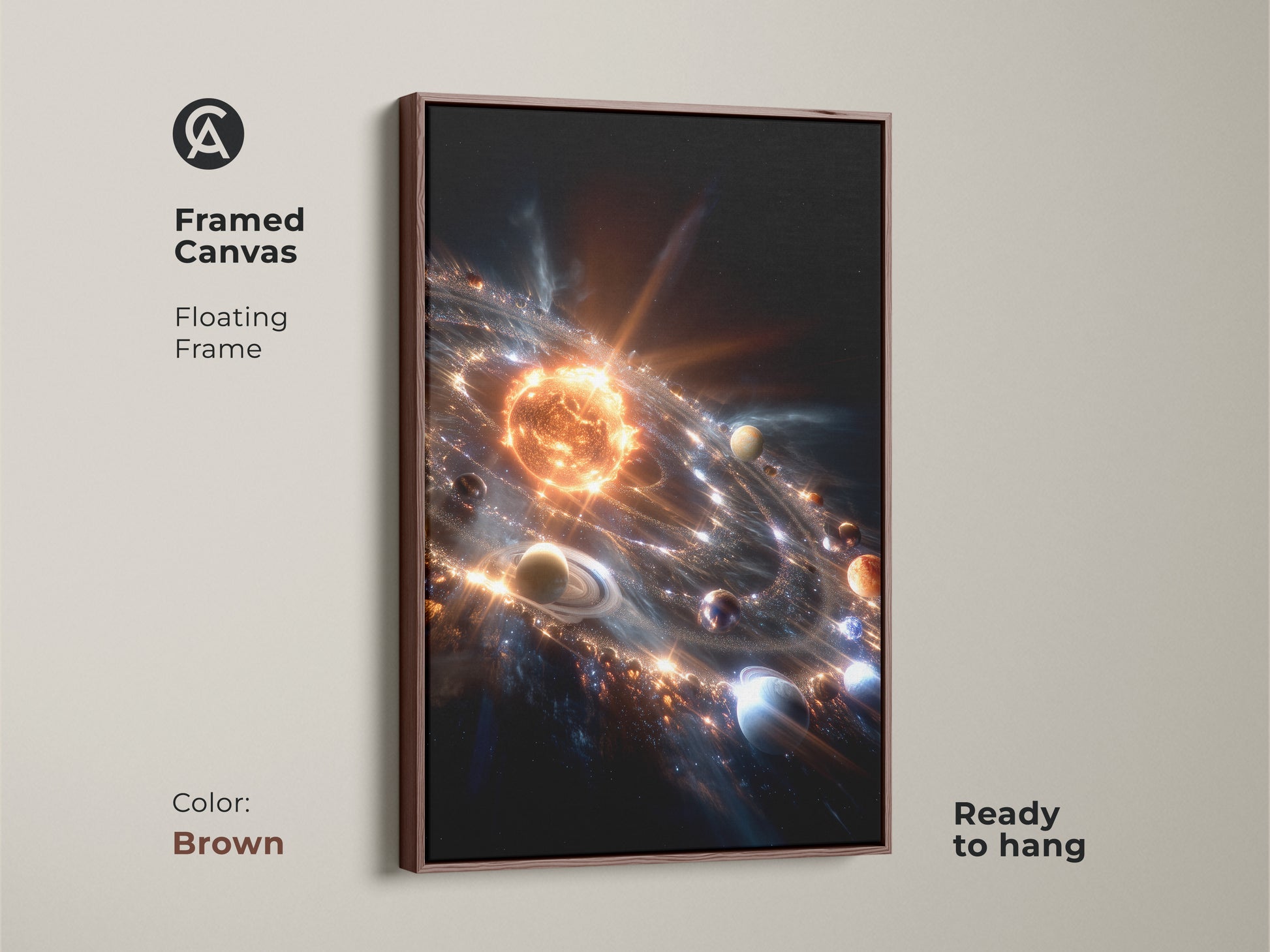 Framed canvas artwork presents a beautiful solar system illustration. The planets orbiting the sun are elegantly framed in brown. This ready-to-hang piece brings cosmic art to your home. Perfect for adding a touch of astronomical elegance to your decor.