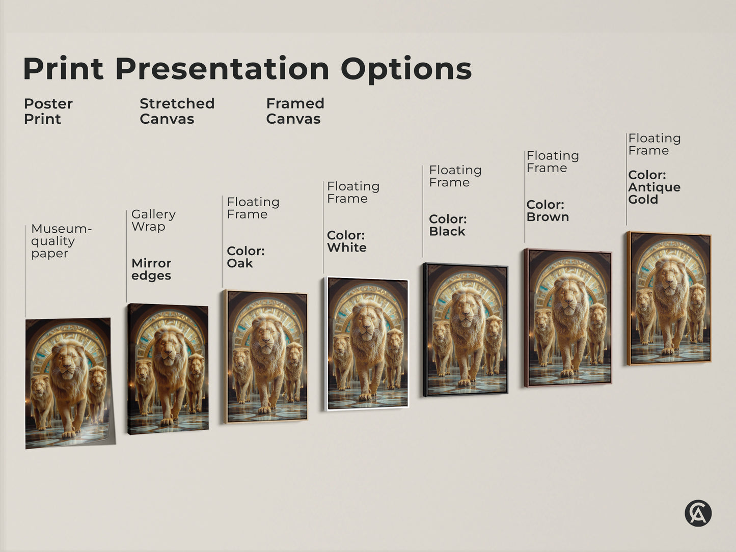 Print presentation options include a poster print stretched canvas and framed canvas. Museum-quality paper features gallery wrap with mirror edges. Floating frame colors include oak white black brown and antique gold. Display a golden lion.