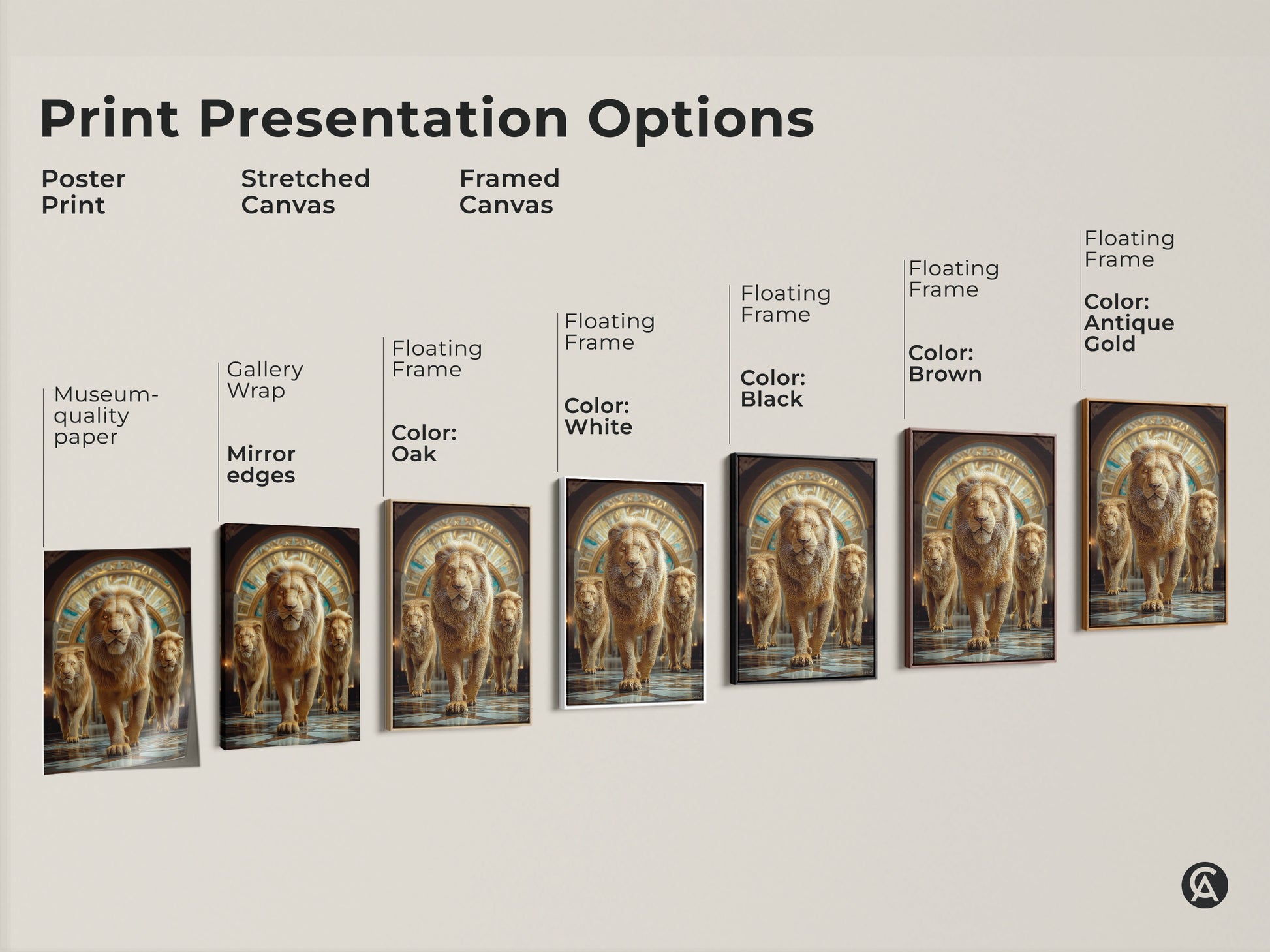 Print presentation options include a poster print stretched canvas and framed canvas. Museum-quality paper features gallery wrap with mirror edges. Floating frame colors include oak white black brown and antique gold. Display a golden lion.