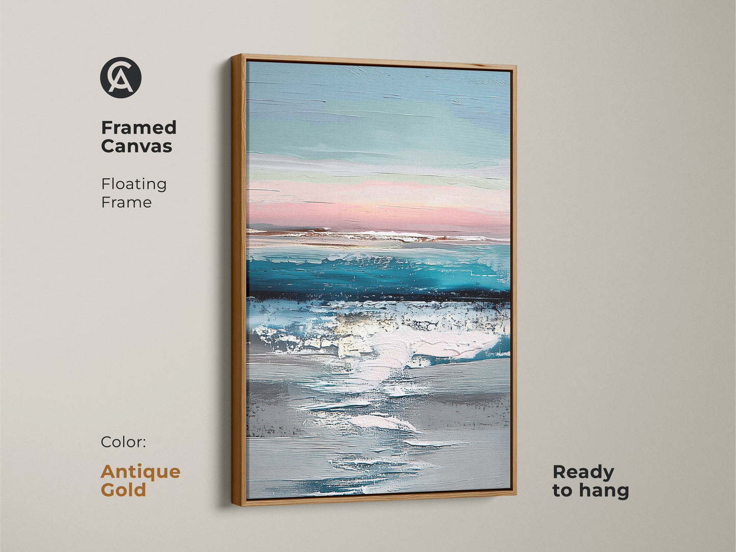 Framed canvas with antique gold floating frame showing abstract ocean artwork. This ready-to-hang teal blue and pink artwork enhances any room. The coastal landscape print adds a modern touch. A sophisticated piece for a housewarming gift for her.